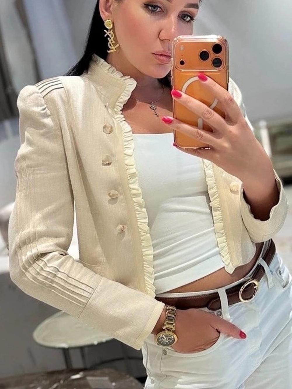 Cropped Textured Jacket in Cream & White Like New